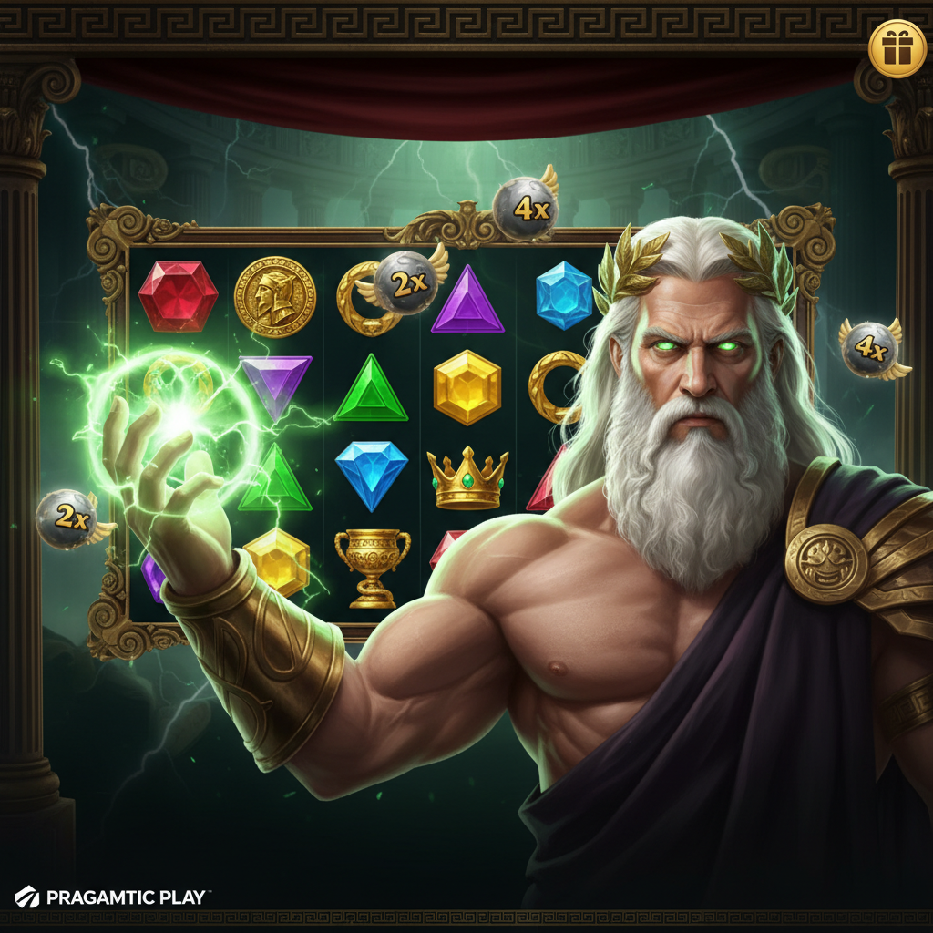 888 of Olympus slot de Pragmatic Play - Zeus con relámpago verde sosteniendo orbe de poder frente al Templo del Olimpo, con símbolos de gemas, corona dorada y multiplicadores visibles en el grid de 6x5