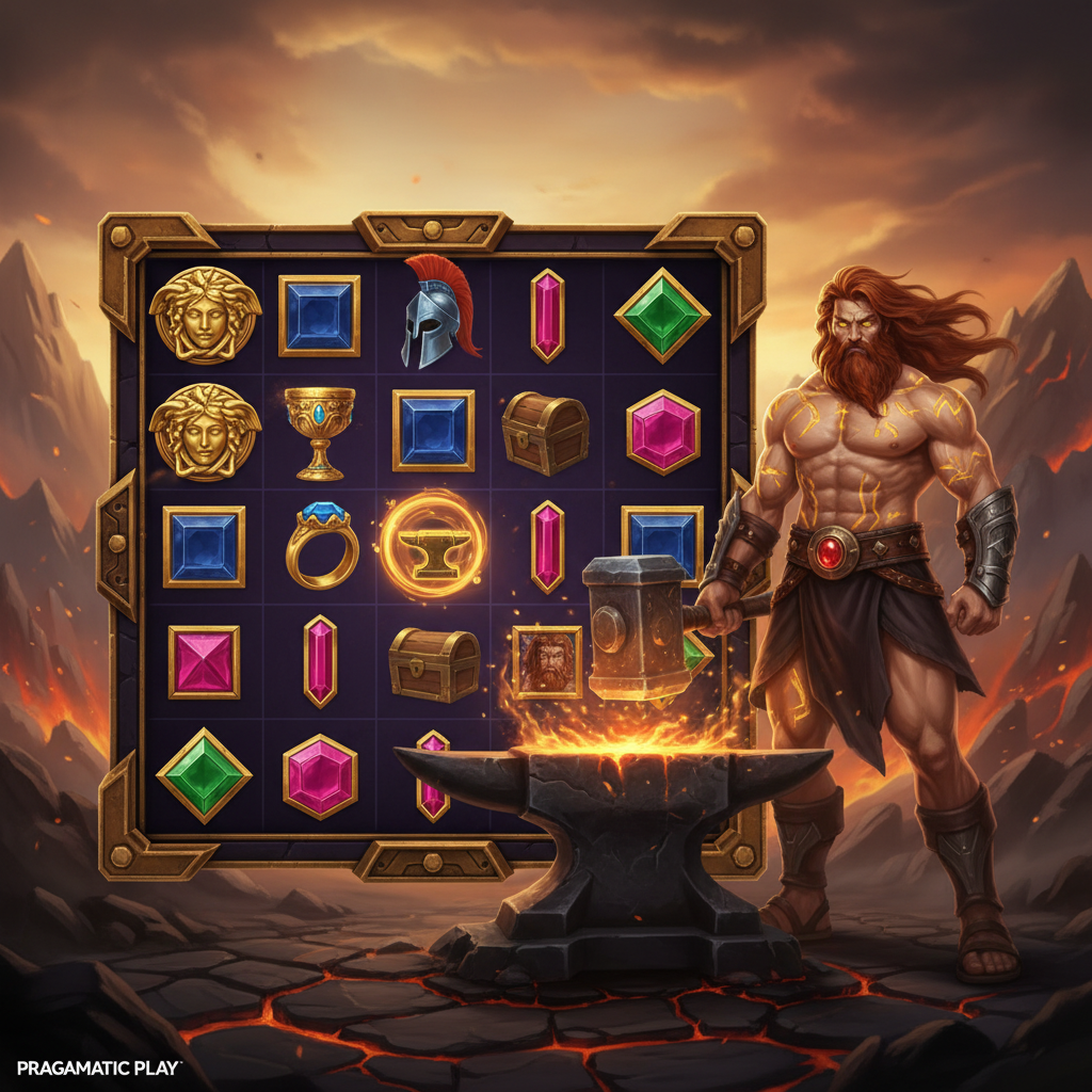 Forge of Olympus slot de Pragmatic Play mostrando a Hefesto, dios herrero griego, en su forja volcánica con yunque brillante y símbolos de escudo de Medusa, casco espartano y gemas de colores