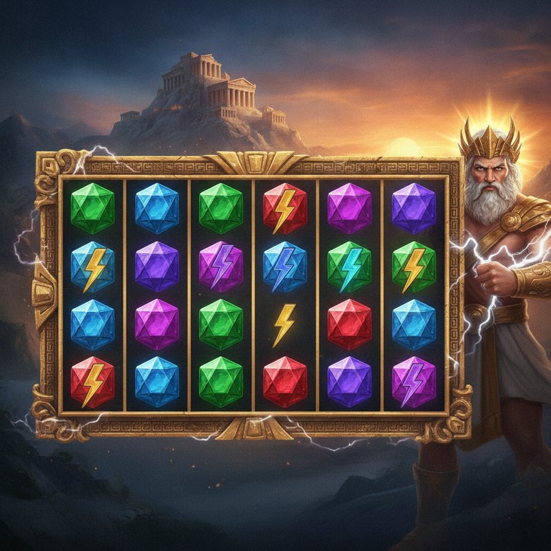 Gates of Olympus 1000 Dice slot game: Zeus el dios griego con corona dorada y relámpagos, cuadrícula de juego 6x5 con dados de gemas poliédricas de colores, símbolos de rayos en azul verde púrpura y rojo, marco dorado ornamentado, fondo del Monte Olimpo con templos griegos al atardecer