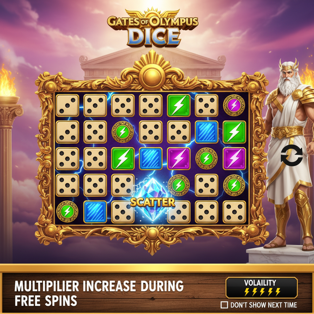 Gates of Olympus Dice slot con Zeus, templo griego dorado, dados de marfil con pips negros, símbolos de rayos multiplicadores verdes y morados, marco barroco dorado y cielo púrpura del Olimpo