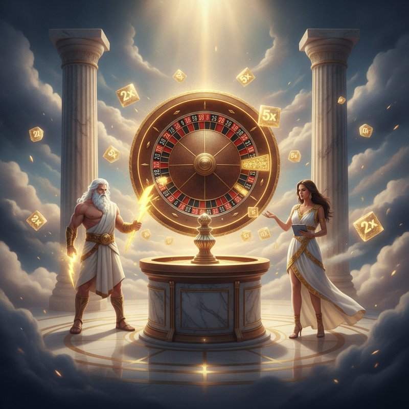 Gates of Olympus Roulette mesa de ruleta europea en vivo con Zeus, presentadora en vestido griego, rueda de ruleta sobre pedestal de mármol, columnas griegas, números de bonificación dorados y multiplicadores flotantes en estudio con nubes del Monte Olimpo