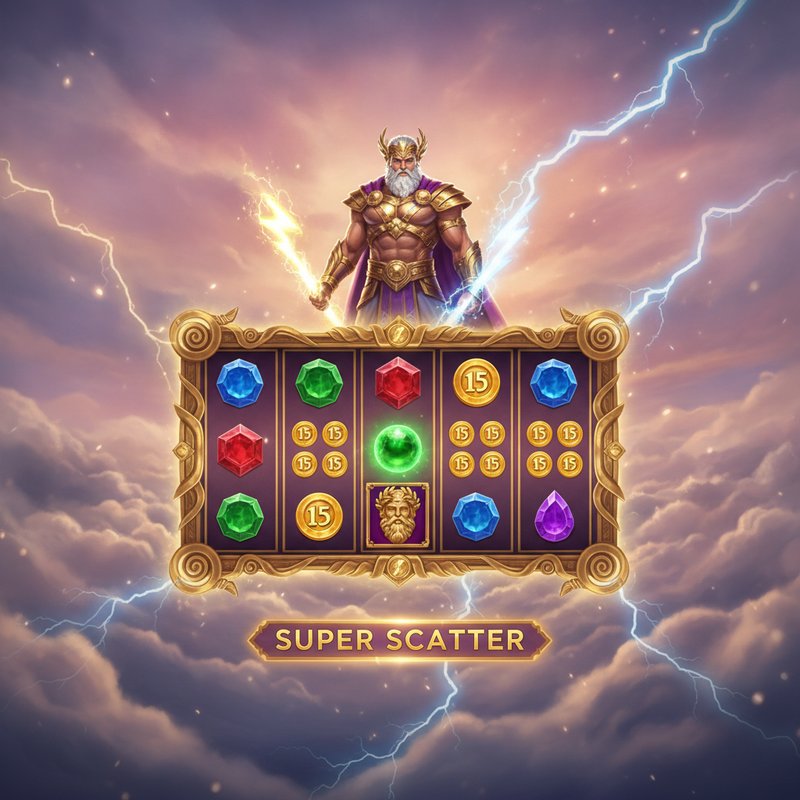 Gates of Olympus SUPER SCATTER slot con Zeus en armadura dorada sobre nubes del Monte Olimpo, marco dorado ornamentado con carretes 6x5, símbolos de gemas preciosas, globo verde, monedas multiplicadoras doradas, símbolo SCATTER con imagen de Zeus, cielo celestial rosa y púrpura con rayos divinos