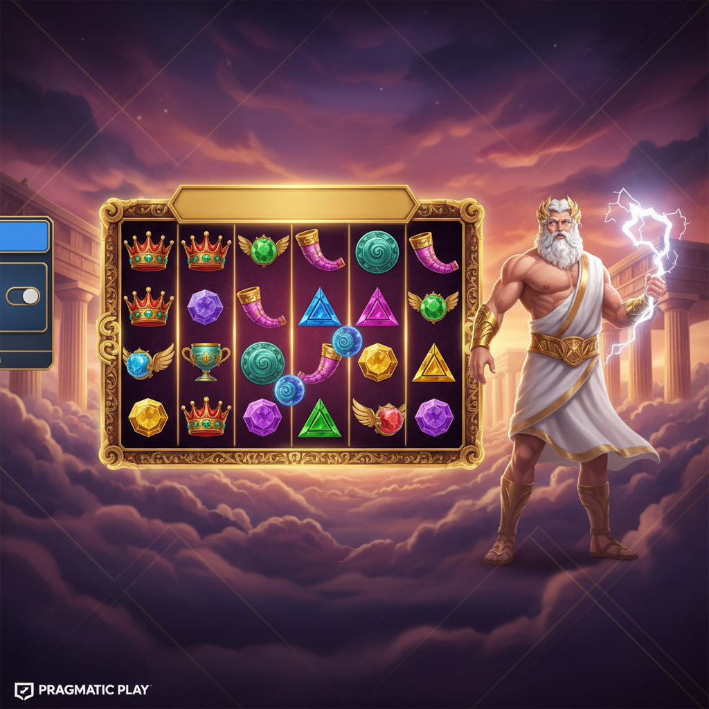 Gates of Olympus slot de Pragmatic Play mostrando a Zeus con relámpagos, templos dorados griegos, nubes de atardecer rosa y púrpura, símbolos de corona y gemas, cuadrícula de juego 6x5