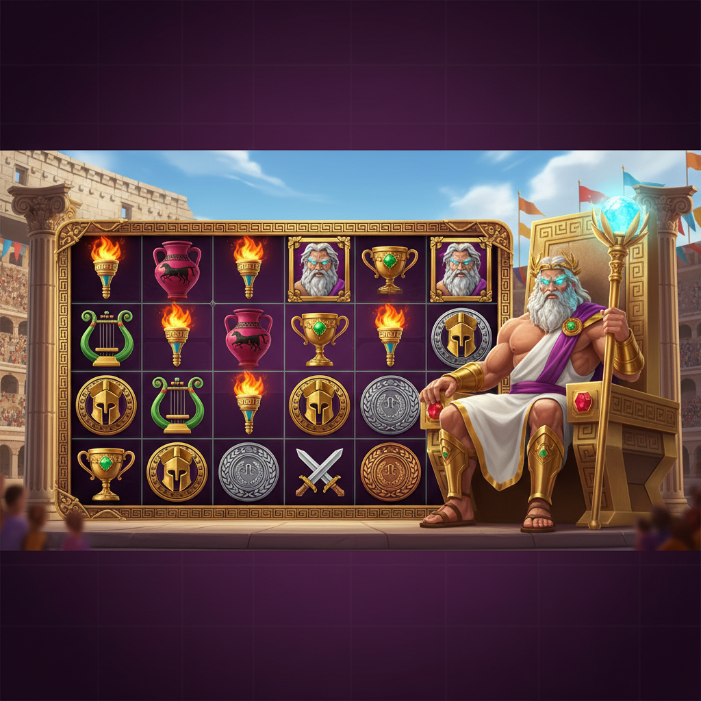 Gates in Olympus 1000 slot de Pragmatic Play mostrando a Zeus en su trono dorado, columnas griegas, coliseo olímpico con símbolos de antorcha olímpica, copa de oro, ánfora decorada y lira en cuadrícula de 6x5