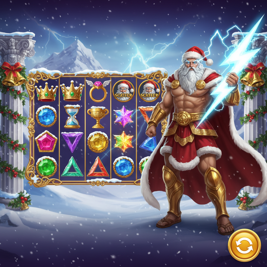 Gates of Olympus X-Mas 1000 slot - Zeus vestido de Santa Claus con rayo brillante, corona dorada, multiplicadores orbe y símbolos navideños en templo griego nevado