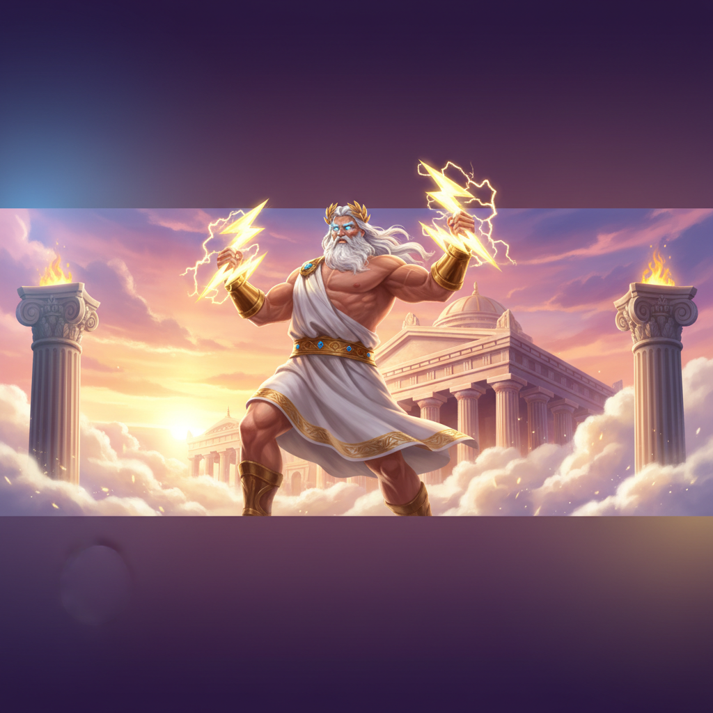 Zeus con ojos azules brillantes sosteniendo rayos dorados frente al templo griego del Olimpo con columnas corintias, cielo púrpura y rosa al atardecer, nubes doradas flotando - Gates of Olympus Pachi slot de Pragmatic Play