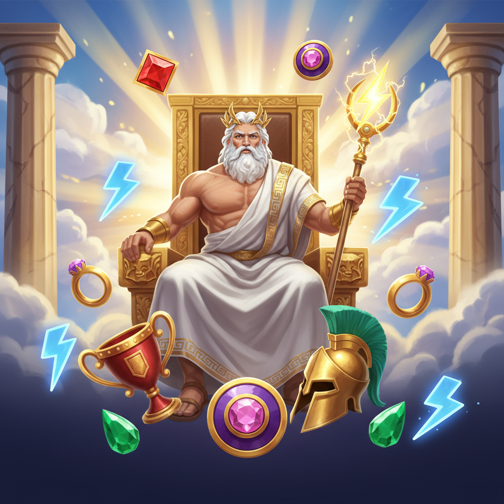 Fortune of Olympus slot: Zeus sentado en su trono dorado con rayos divinos, columnas griegas, nubes celestiales, símbolos del juego incluyendo rayo, trofeo, casco espartano y gemas brillantes en ambiente del Monte Olimpo